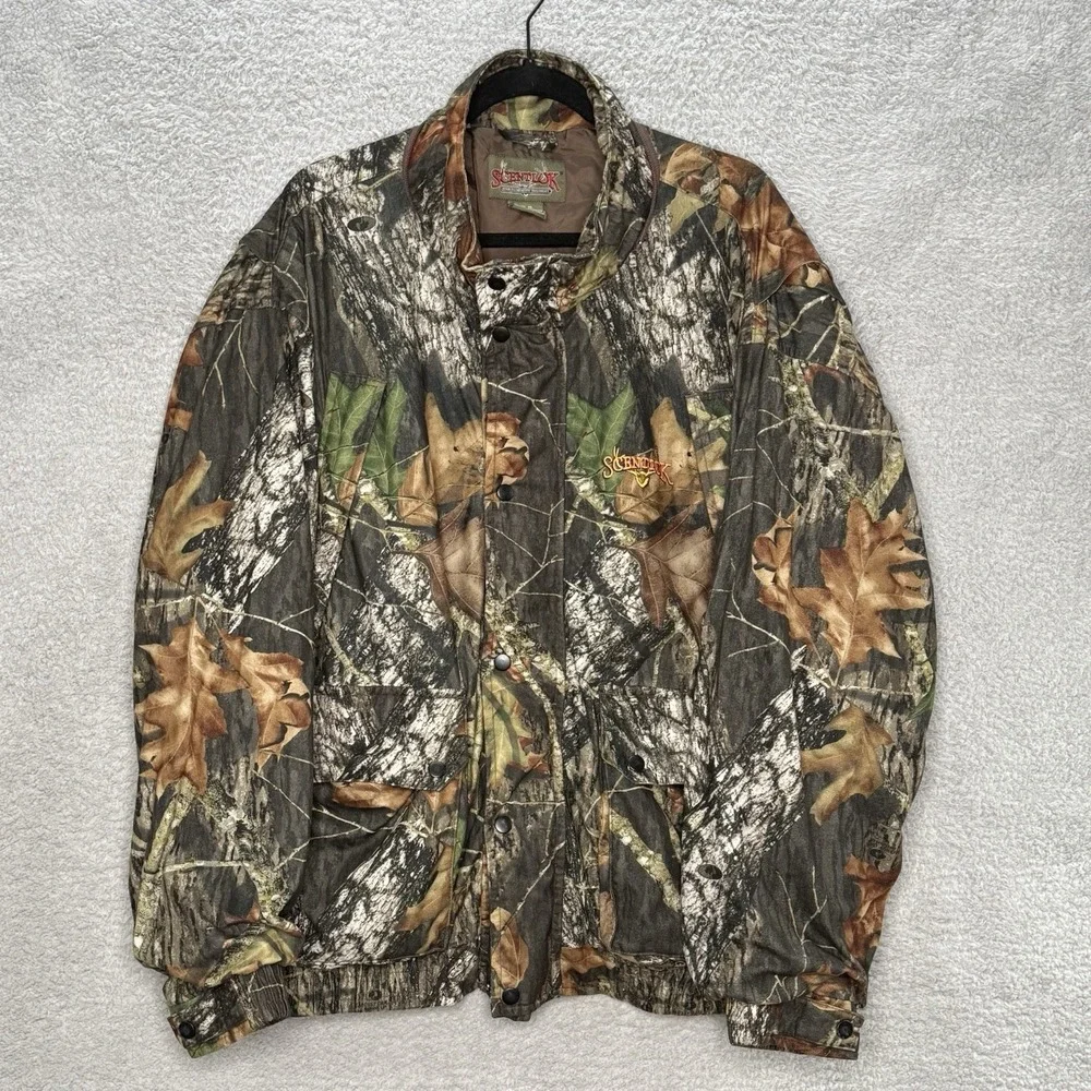 ScentLok Camo‎ Jacket Mens XL Full Zip Snap Hunting Coat Mossy Oak Pockets Lined
